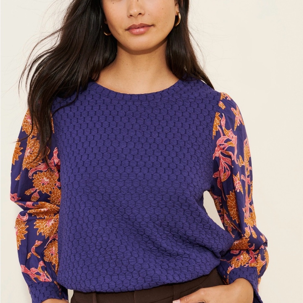 Floral Sleeve Textured Women's Top - Blue and Orange
